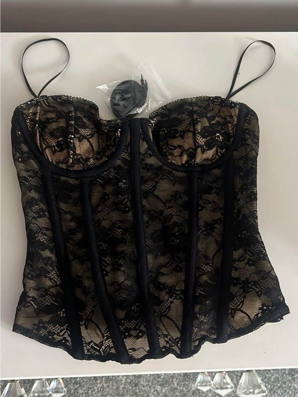 Garage Black Lace Overlay Gold Nude Bustier Tank Top